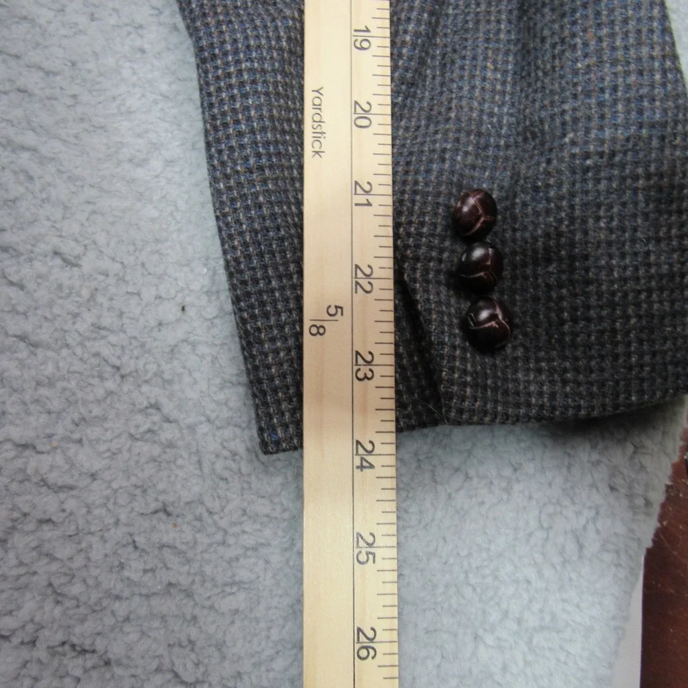 Pendleton Mens 44 Wool Blazer Grey Blue Micro Check Suede Elbow Patch Made in US